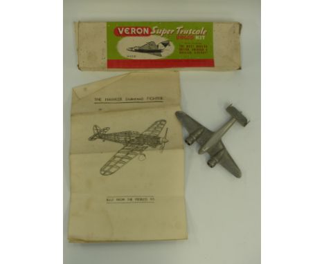 A trench art style aluminium twin engine aircraft, Veron Javelin kit and paperwork for a Hurricane kit