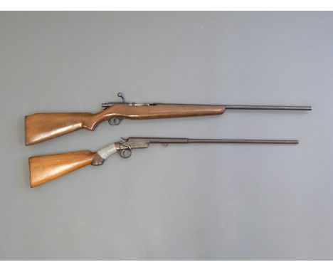 Two .410 single barrelled shotguns Norica bolt action gun with raised ball front sight and named 24 inch barrel, overall leng
