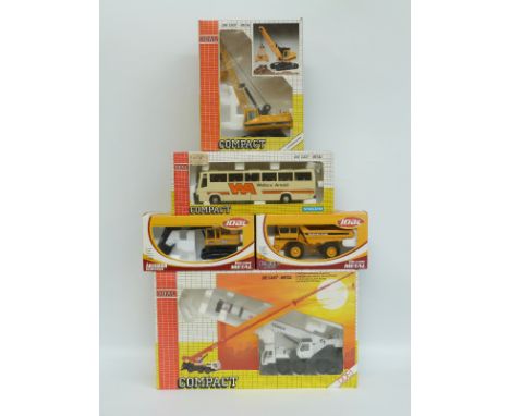 Five Joal 1:50 scale diecast model construction vehicles comprising 530 ATT Terex Crane, Caterpillar Digging Crane 225, Volvo