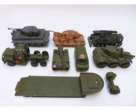 Seven Corgi Toys and Solido diecast model military vehicles including Mack Truck, AMX 30D Recovery Truck, Bedford Utilecon Am