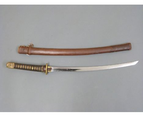 Japanese unsigned shin gunto katana Samurai sword with cord wrapped shagreen handle, embossed kashira, brass habaki, pierced 