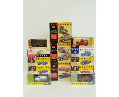 Thirteen Vanguards 1:43 scale diecast model cars, vans and sets including RAC, Whitbread, Post Office Telephone Service, Hidd