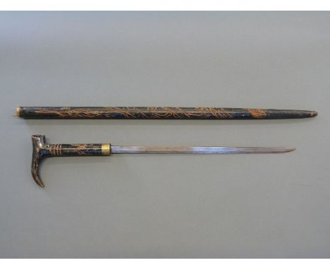 A sword stick with carved decoration, length of blade 46cm