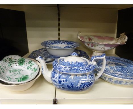 A quantity of 19thC and later ceramics mostly Spode Blue Italian, Moyses Stevens London pierced dish, 19thC twin handled tazz