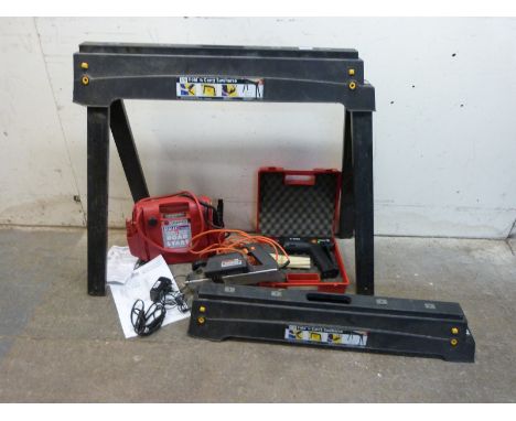A collection of various DIY tools comprising a pair of 'work horses' by ZAG, Black and Decker planer, P500 gas powered glue g