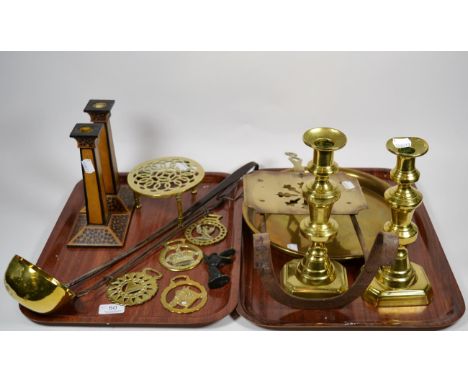 Quantity of brassware including ladle, candlesticks, Tennants 'Gold Bier' tray and pair of 'Winkley Ware' wood candlesticks