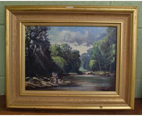 Robin Furness (b.1933), self portrait, 'Testing of the waters at Rookby, Greta Bridge', signed oil on panel, 24.5cm by 34.5cm
