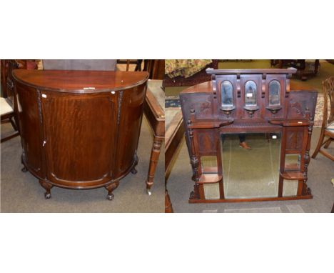 A figured mahogany demi-lune two shelf cupboard and a Victorian walnut over-mantel mirror (2)&nbsp;