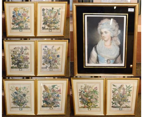 A group of eight botanical prints from the collection of the gardener at Kensington, 1730, together with a signed portrait en