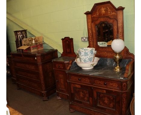 A mid 19th century Italian rosewood, marquetry and marble top four piece bedroom suite, comprising a commode with four gradua