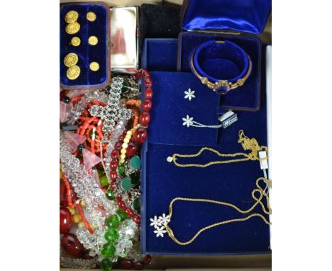 A small quantity of costume jewellery including beaded necklaces; an amethyst and seed pearl bangle, cased; a cufflink and dr