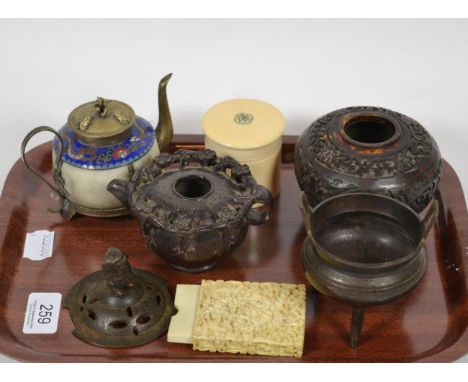 A Chinese enamel mounted small teapot, bronzed small bowls, censer, ivory cylindrical jar and cover, card case lacking cover