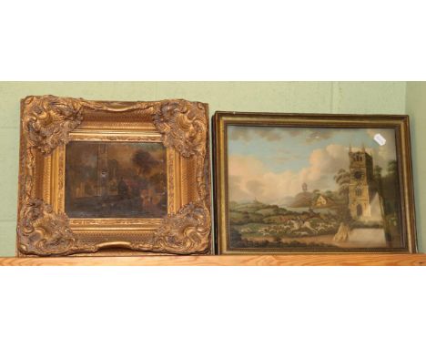 A hunting scene oil clock picture (movement now missing) and another clock picture depicting a church with figures in the for
