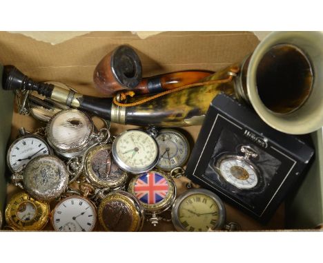 A selection of pocket watches, silver collar smoking pipe and a hunting horn