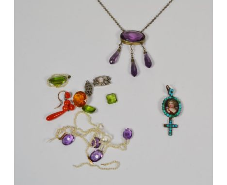 A turquoise pendant with a portrait plaque centre; an amethyst and seed pearl necklace (a.f.); an amethyst necklace (a.f.); a