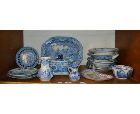 19th century Masons Ironstone blue and white decorative pottery, including meat plate, warming dish, pierced edge plate, jug,