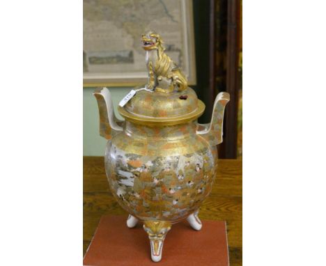 A Japanese Satsuma censer and cover, Meiji period , temple lion finial, twin handled, elaborate figural detail, mask feet, si