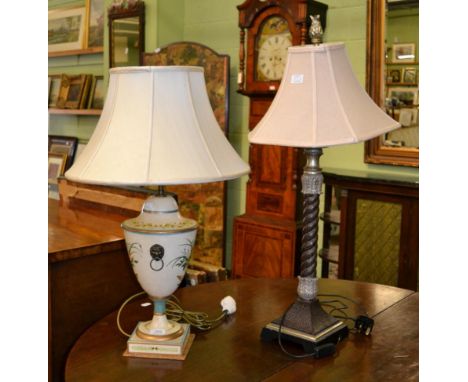 A modern cream and floral painted toleware style table lamp, in the form of a twin-handled vase, with white fabric shade, 71c