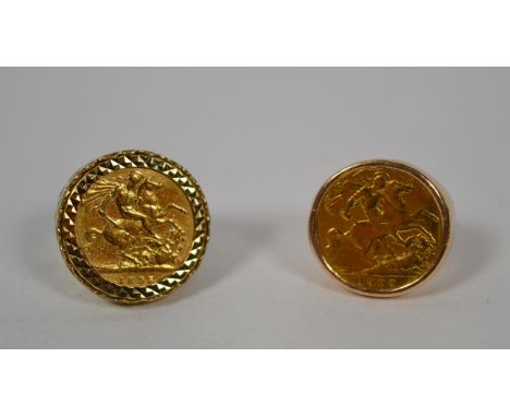 An 1895 half sovereign loose mounted as a ring, finger size L; with another dated 1909 in a soldered mount, out of shape and 