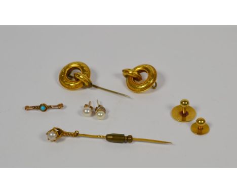 Two studs, each stamped '18'; a pearl stick pin, unmarked; a turquoise set brooch, length 2.5cm; a cultured pearl earring; a 