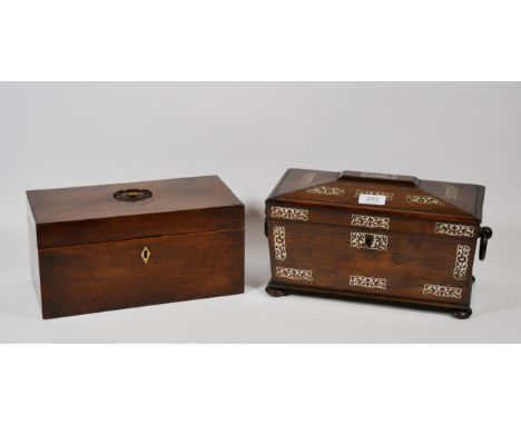 A Regency rosewood inlaid tea caddy with twin ring handles, and squashed bun fee together with a slightly earlier mahogany ex
