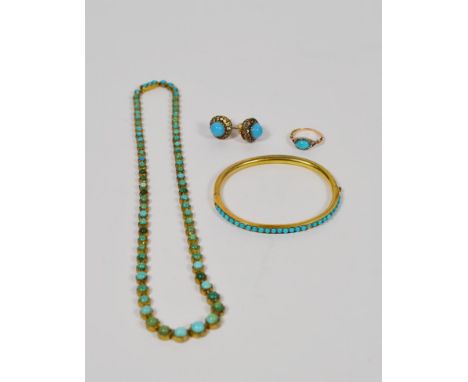 A turquoise riviere necklace, length 40cm; a turquoise bangle; a turquoise and diamond ring, finger size E; and a pair of fau