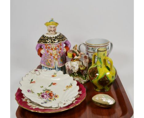 A group of 18th century and later ceramics including a Derby figure group; a Copeland Spode plate; Sampson of Paris tyg; a De