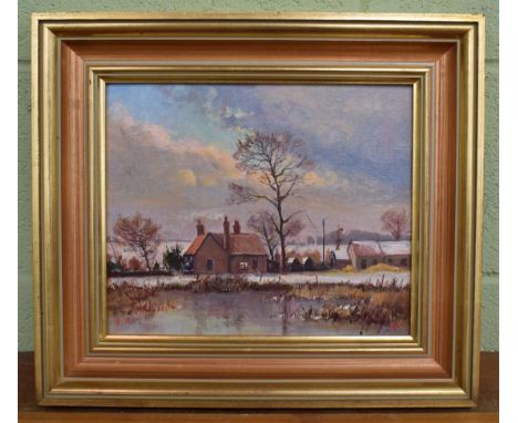Robin Furness (b.1933), 'December Evening, Tile Shed Farm', signed and dated (19)80, oil on board, 24cm by 29cm