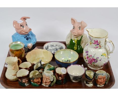 Various pottery and porcelain including Wedgwood lustre bowl and vase; Royal Worcester jug; miniature character jugs, Natwest