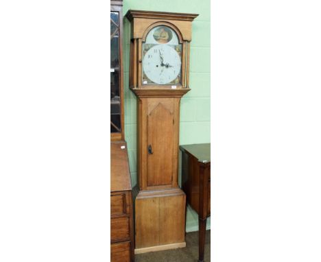 An oak cased eight day longcase clock with painted arched dial (no pendulum) 