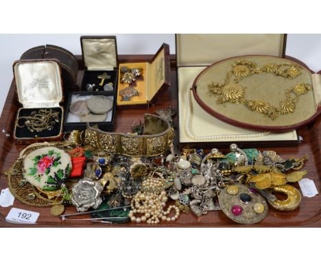 Assorted jewellery (some damaged) to include a bangle stamped Depose; a hardstone three row bracelet; a carved nut; silver an