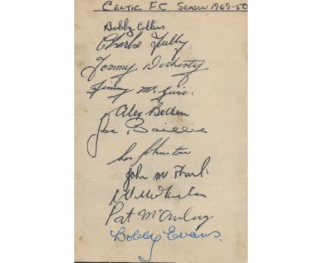 Vintage Autograph album Page showing Celtic FC 1949-50 Squad. Signatures include Bobby Collins, Tommy Docherty, Joe Baillie, 