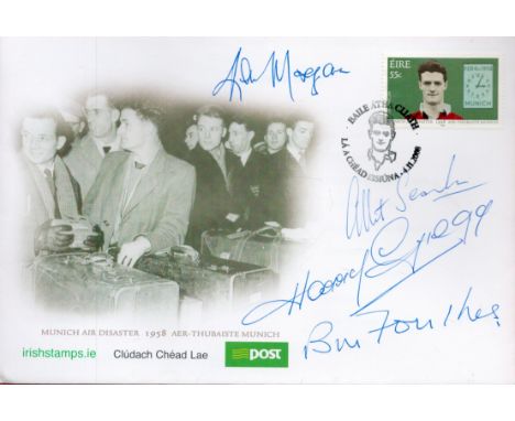 Football. Munich Air Disaster Survivors Kenny Morgans, Albert Scanlon, Harry Gregg and Bill Foulkes Signed Irish Stamps First