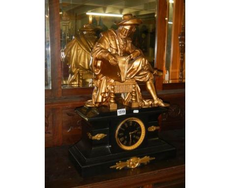 A Victorian mantel clock featuring a gilded figure of William Shakespeare. COLLECT ONLY. 