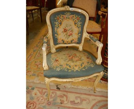 An early french armchair with tapestry upholstery, COLLECT ONLY. 