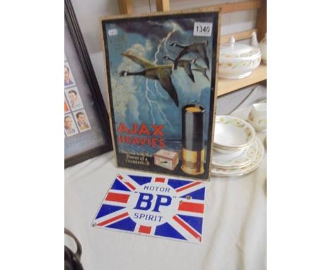 A metal AJAX sign and a "BP" sign. 