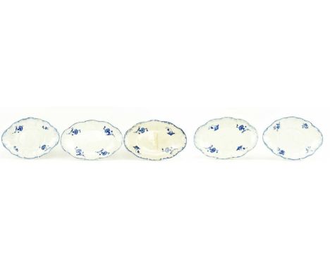 Five late 18th century Royal Worcester manner semi porcelain dessert dishes. Each dish in blue and white, with glazed blue ri