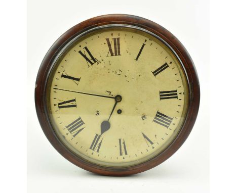 A mid to late 19th century Victorian station wall clock with fusee movement. The clock featuring enamel face with Roman numbe