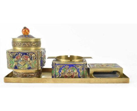 An early Republic period 1920s brass and enamelled tobacco four pieces set. The lot comprising a tobacco caddy cannister cont
