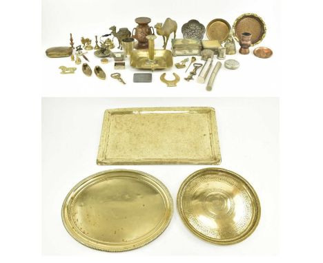 A collection of metal &amp; brass items to include a pierced brass waste paper basket with twin lion handles on paw feet, a C