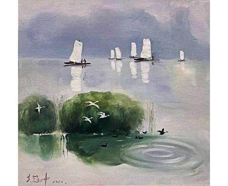 Wu Guanzhong (Chinese, 1919-2010)Boats on a lake 湖上帆景Oil on canvasSigned and datedFramed油畫畫布 鏡框款識：吳冠中 八八 於左下方
Wu Guanzhong wa