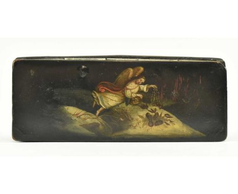A 19th century Victorian black lacquer papier mâché hand painted snuff. The long rectangular snuff box decorated with a festi