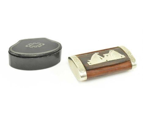A Victorian papier mache snuff box in form of a shell with white metal inlaid, and a vinatge rosewood snuff box mounted with 