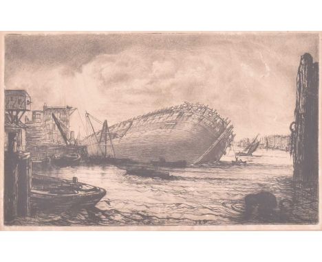 A 19th century Victorian maritime etching on paper. The etching depicting a sinking ship in the harbour. Monogram to lower ce