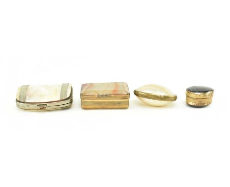 A collection of four late 19th / early 20th century snuff boxes. The lot comprising a mother of pearl in form of an egg snuff