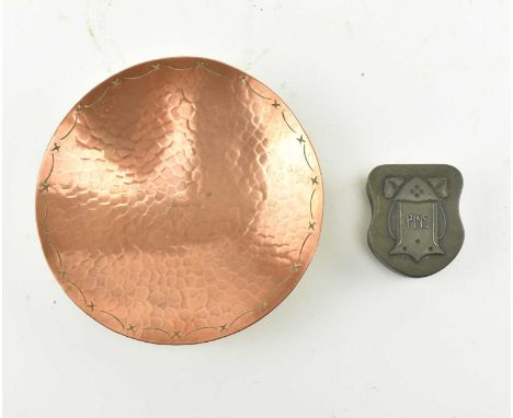 An early 20th century beaten copper trinket dish by L. R. I. Borrowdale, along with a little crest shaped Art Nouveau tin for