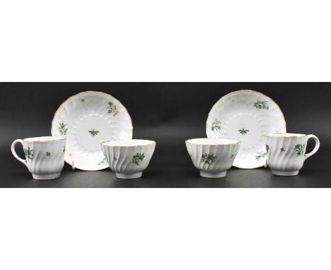 Two sets of 18th century Flight &amp; Barr hand painted spiral fluted tea cups, tea bowls and saucers set. Each piece decorat