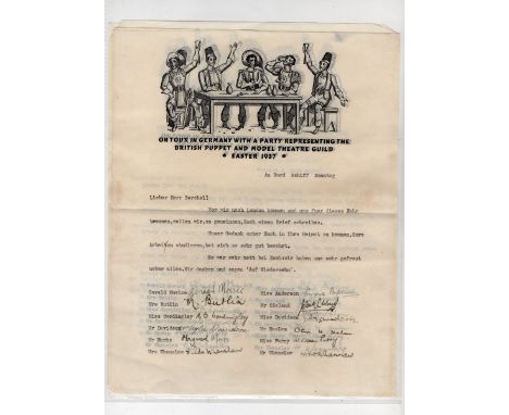 1937 flimsy ‘flyers’ for the ‘ On Tour in Germany with a Party Representing the British Puppet and Model Theatre Guild; Easte
