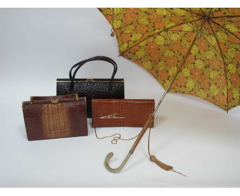 A Vintage Alligator Skin Classic Handbag, with brass clasp and frame, flat loop handle; a Van-Dal brown leather 'croc' print 