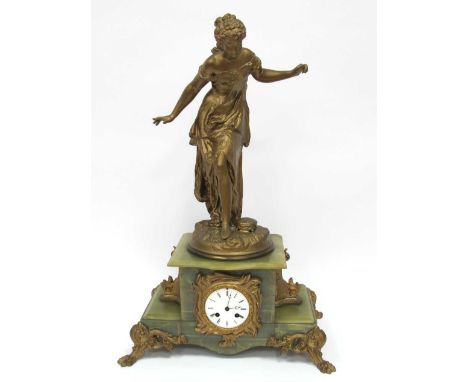 A Late XIX Century Green Onyx and Gilt Metal (re-sprayed) Mantle Clock, mounted with a figure of a lady in classical attire, 